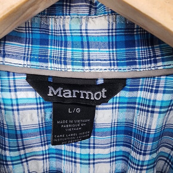 Marmot Mens‎ Blue Plaid Short Sleeve Button-Up Shirt L Nylon/Polyester - Picture 3 of 8